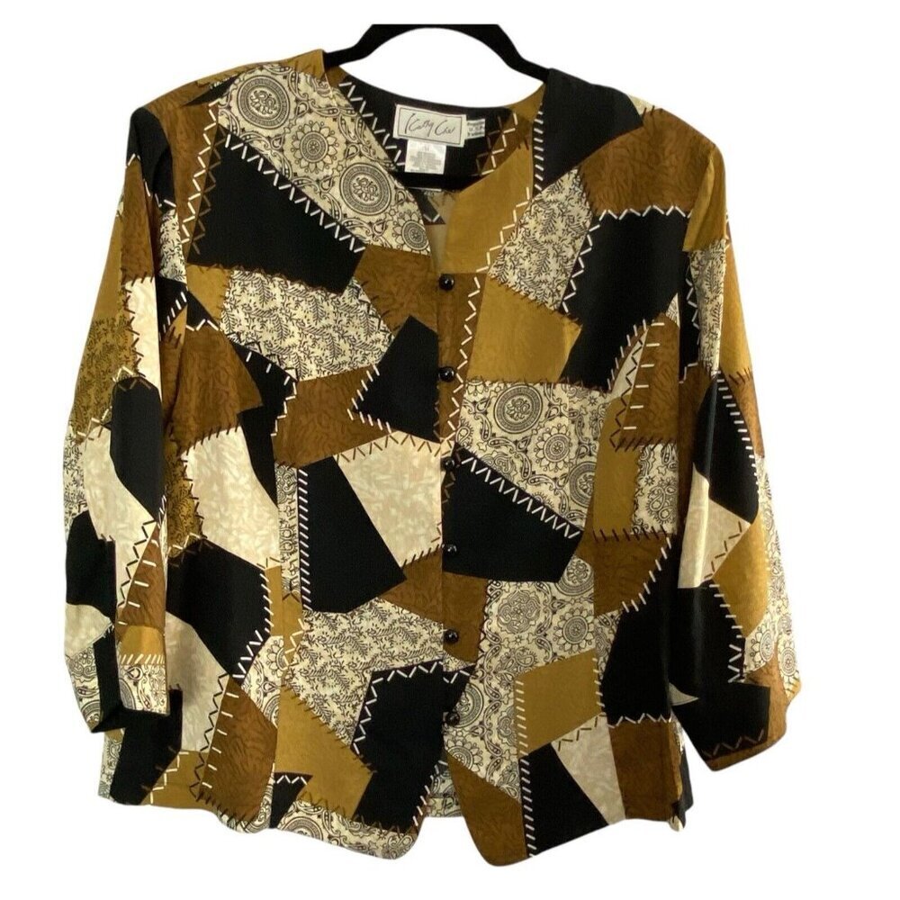 Vtg KATHY CHE Women Patchwork Print Blouse Sz 14 Brown Button Front Long Sleeve